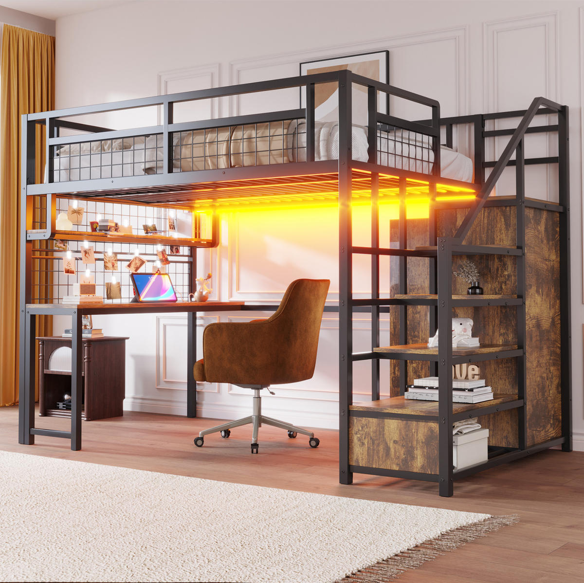 HOCHBETT 140/200 cm, Schwarz mit Schreibtisch, Regal und Stauraumleiter - Schwarz, Metall (140/200cm) - MIVRAY