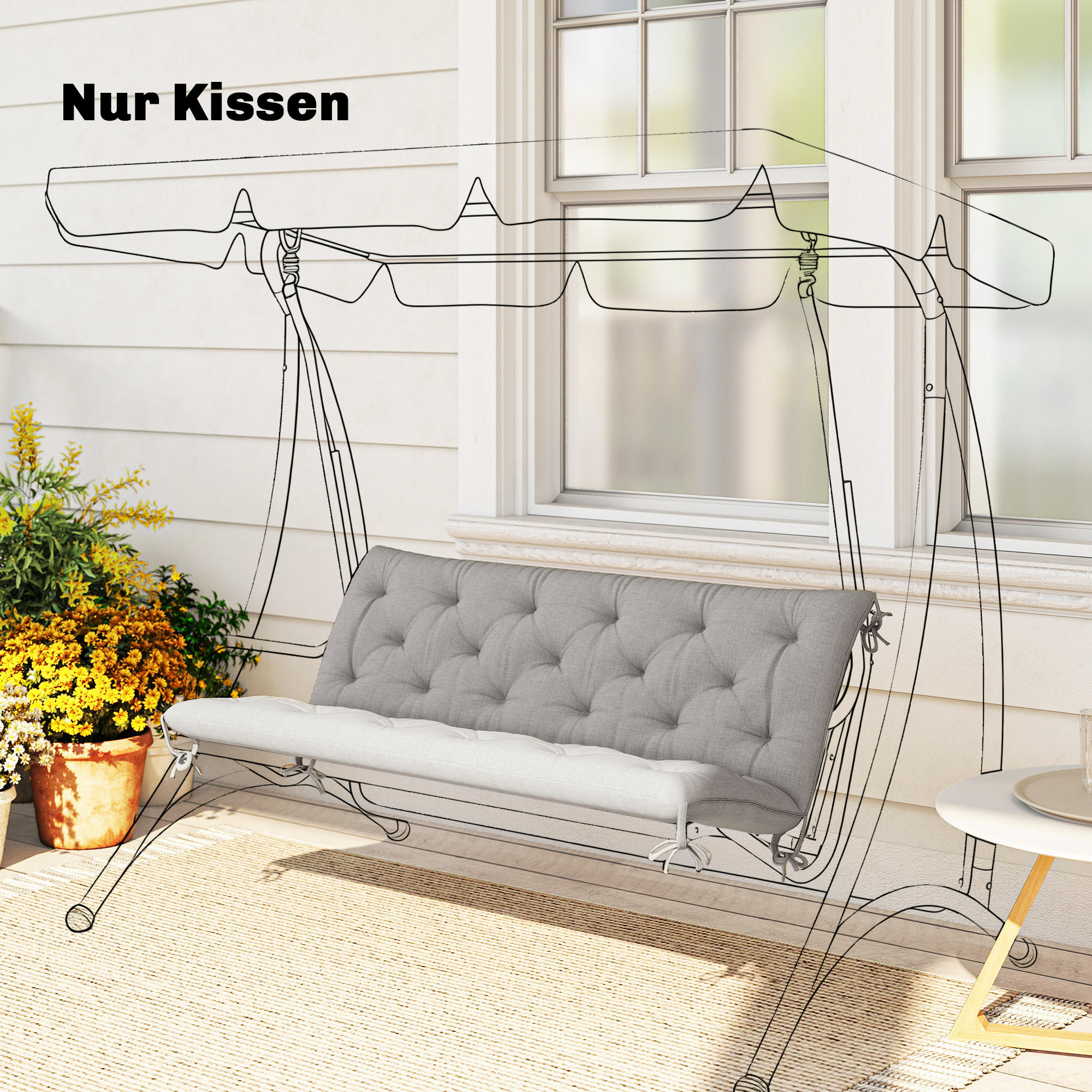 3 Sitzer Bankauflage 150x98x8 cm Bankkissen mit Bändern, Sitzkissen Stuhlkissen - Hellgrau, Kunststoff (98/8/150cm) - Outsunny