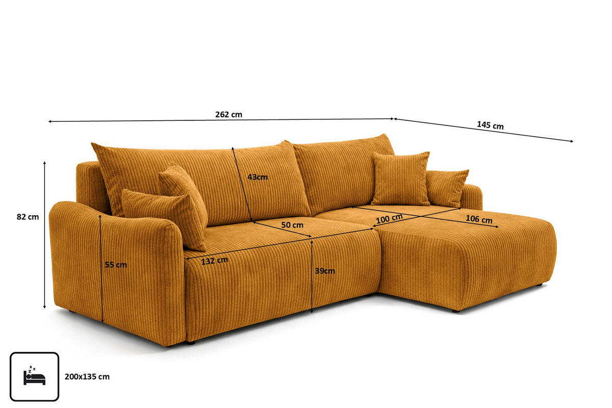 ECKSOFA Mit Schlaffunktion, Cordstoff Poso, Senffarbe, Rechts, JAPANDI - Gelb, Holz (262/145cm) - Kaiser Möbel