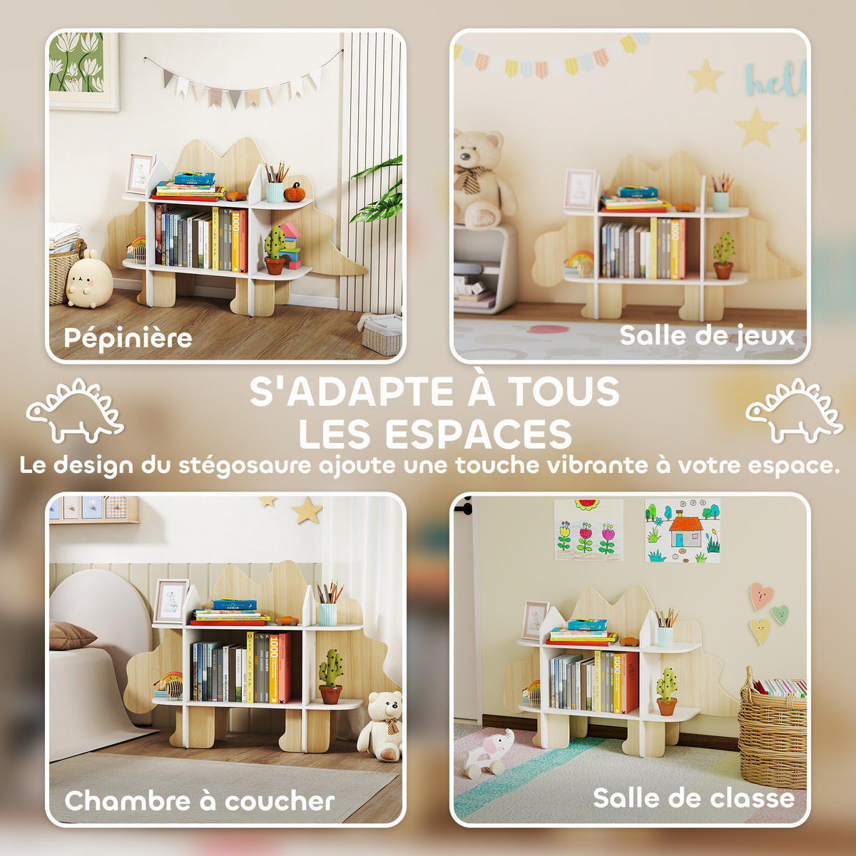 KINDERREGAL DE-17277 6 Fächer, Dinosaurier-Design Naturholz - Naturfarben, Metall (120/72.2/28cm) - ComfortXL