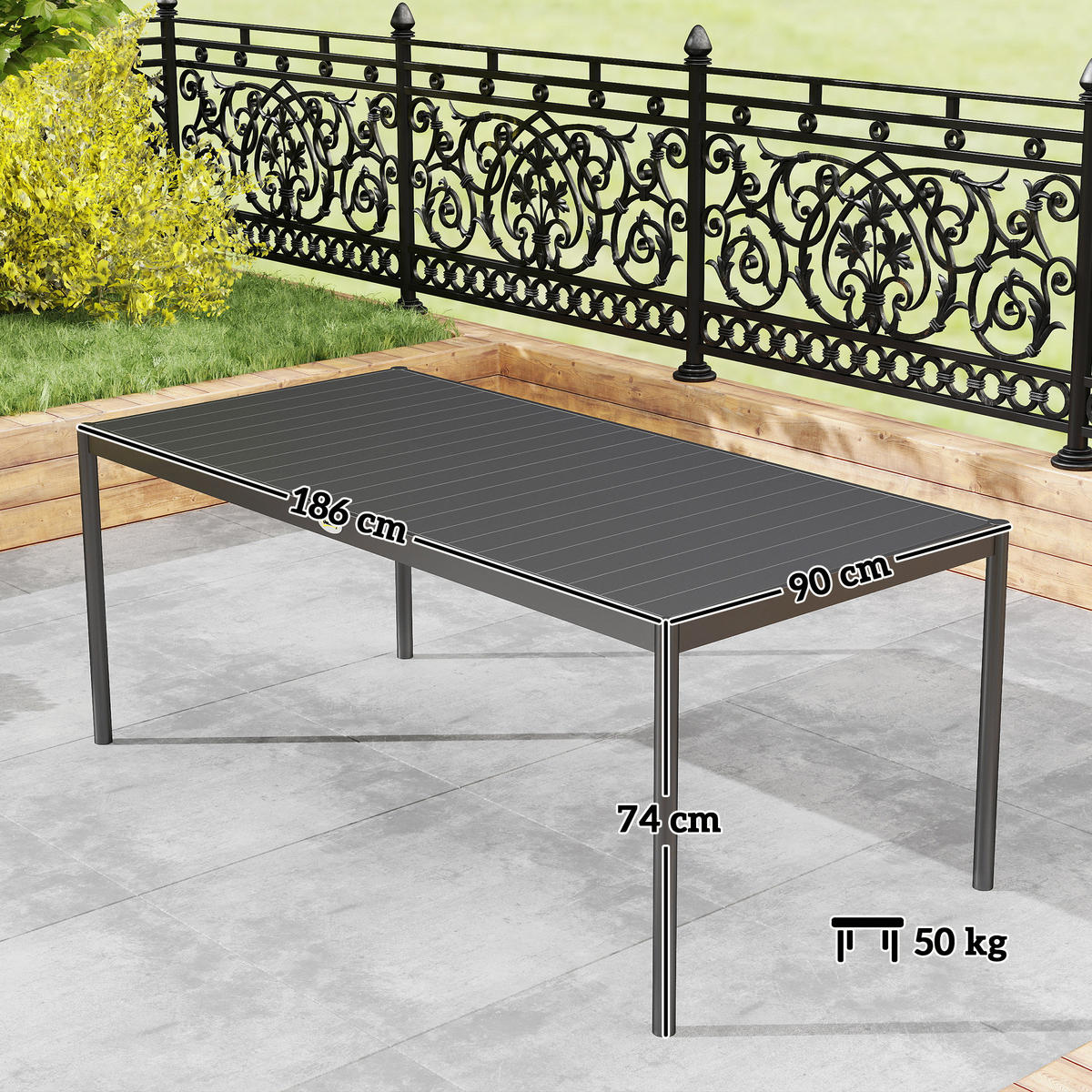 GARTENTISCH DE-14148 rechteckig 186x90 cm, für 8 Personen Dunkelgrau - Dunkelgrau, Metall (186/90/74cm) - ComfortXL
