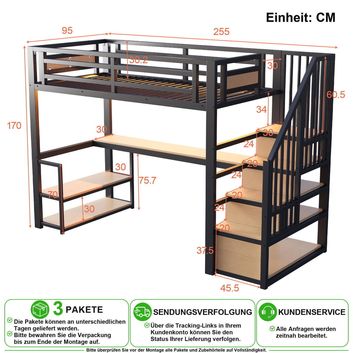 HOCHBETT 90/200 cm in Schwarz mit Regal, Tisch, LED und Steckdose - Schwarz, Holzwerkstoff/Metall (90/200cm) - CHICFURN