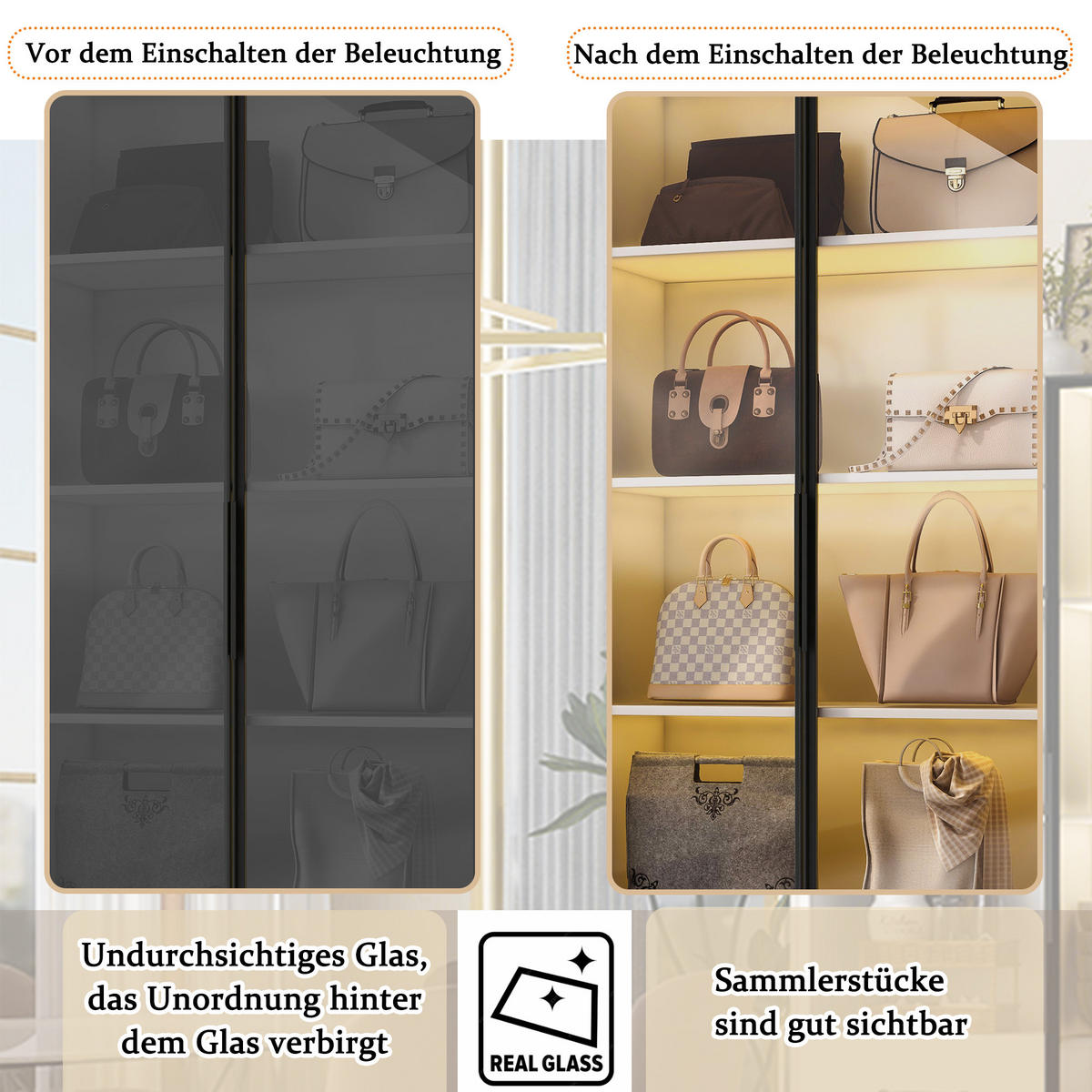 VITRINE 60cm Glas LED Aluminium Hartglas 2 Türen Schubladen modern - Weiß, Holzwerkstoff (60/160/40cm) - FLIEKS