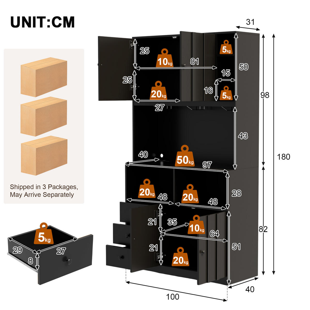 BUFFET 180 cm MDF Schwarz mit RGB-LED, Weinglashalter und Vitrine - Schwarz, Holzwerkstoff (40/180/100cm) - Korfee