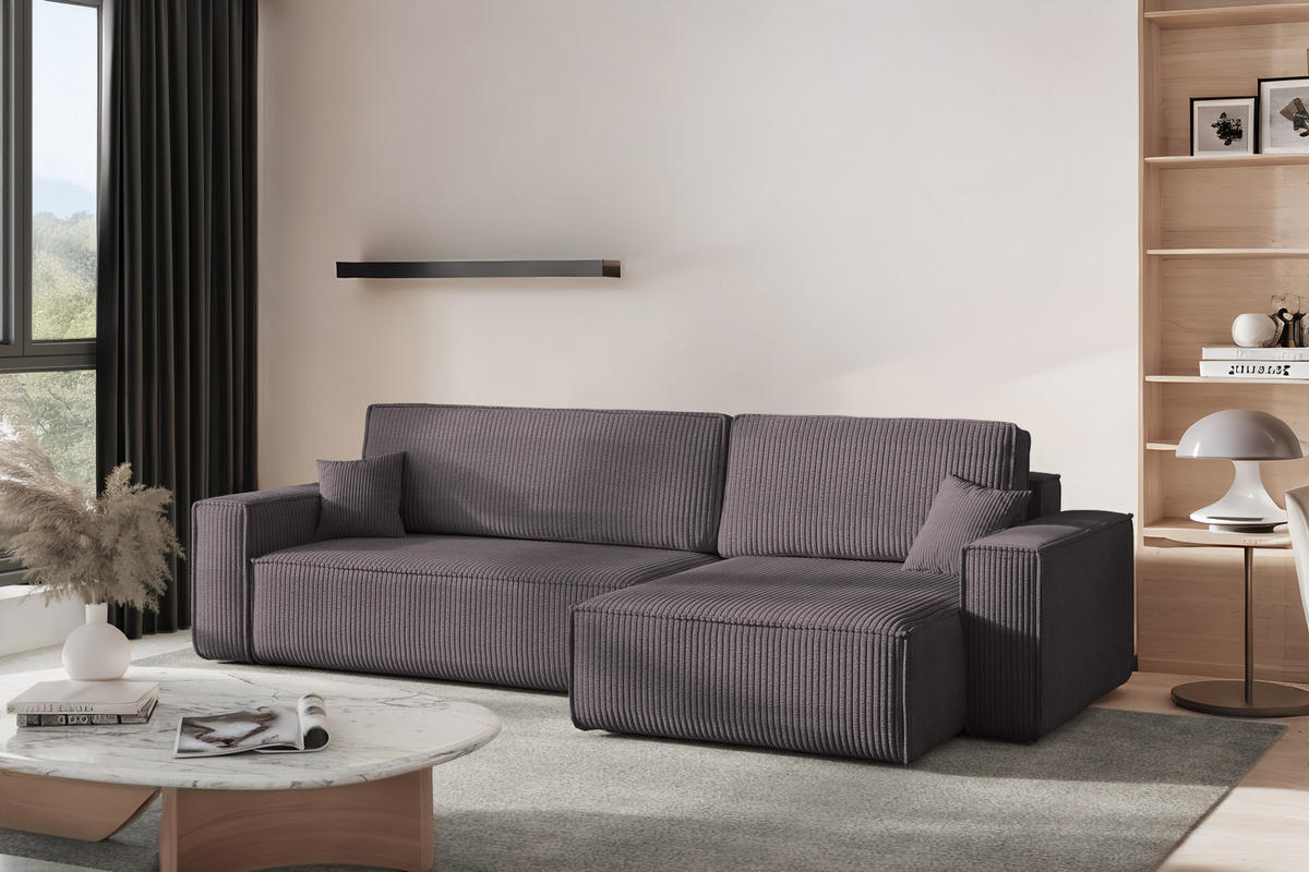 ECKSOFA Mit Schlaffunktion Und Bettkasten, Eckcouch BEST XL Stoff Poso Dicker Cord Dunkelgrau Rechts - Dunkelgrau/Schwarz, Holz/Kunststoff (274/142cm) - Kaiser Möbel