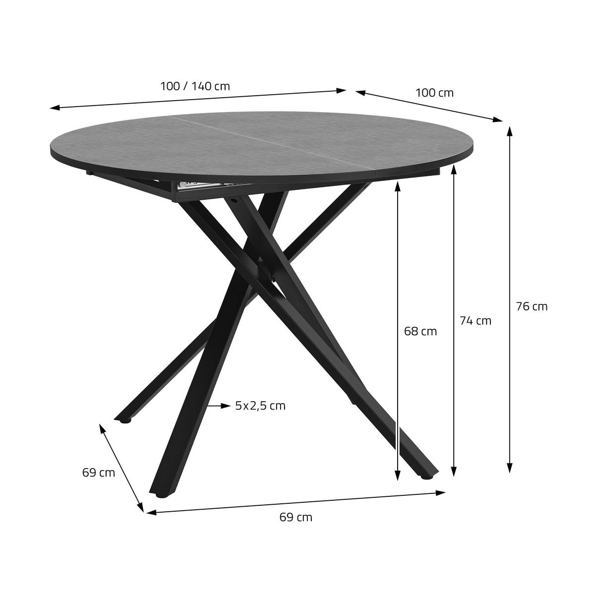 ESSTISCH ausziehbar rund Grau meliert 100-140x76x100 cm - Schwarz/Grau, Holzwerkstoff/Metall (69/69/76cm) - ML-DESIGN