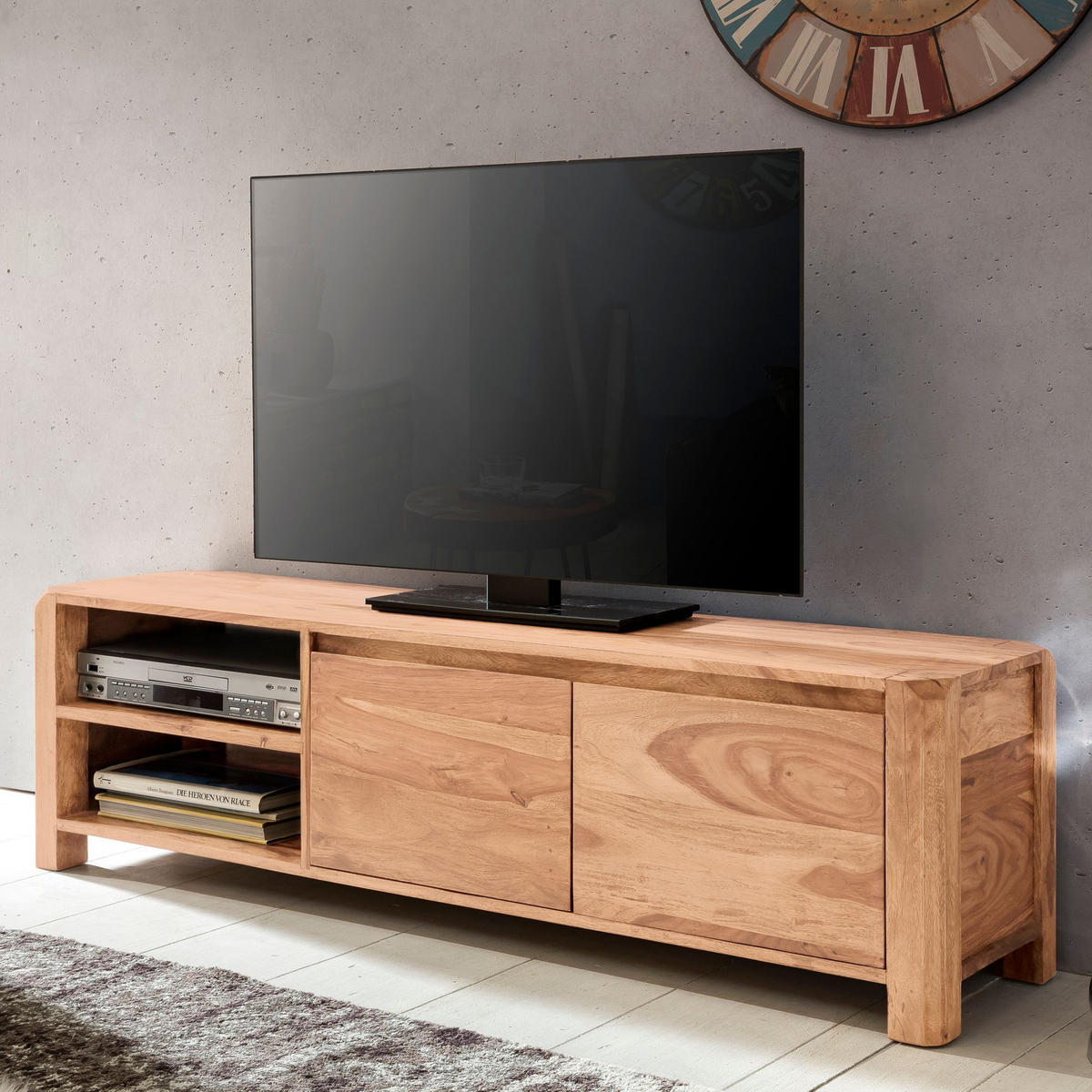 TV-LOWBOARD Massivholz, 4 Füße, viel Stauraum, Beige 140x35x40 cm - Beige, Holz (140/40/35cm) - KADIMA DESIGN