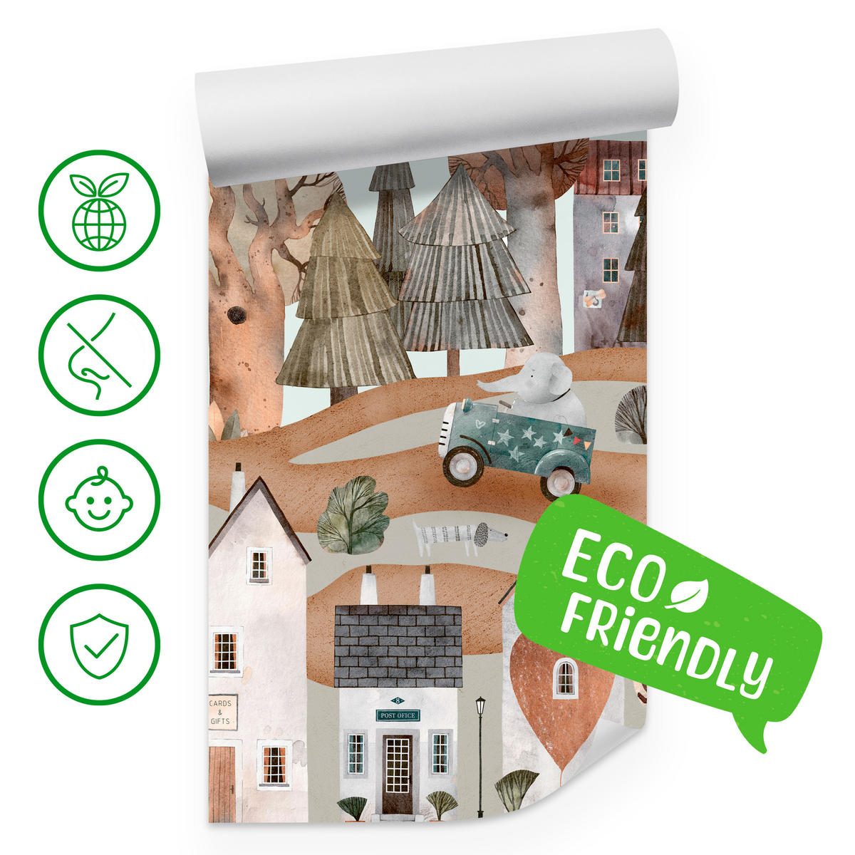 FOTOTAPETE für Kinderzimmer Fantastische Stadt Häuser Wald Tiere Autos 250x175 - Beige/Braun, Papier (250/175cm) - Muralo