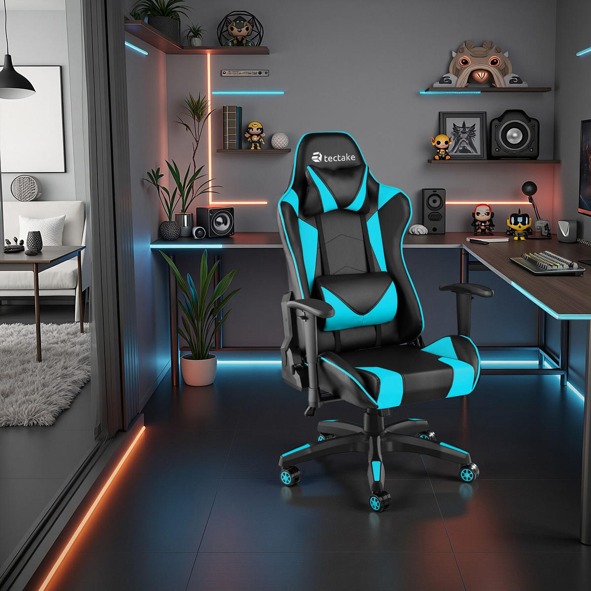 RACING-GAMINGSTUHL Twink,Belastbarkeit 120 kg,schwarz/azur - Schwarz/Hellblau, Textil (68/125/69cm) - tectake