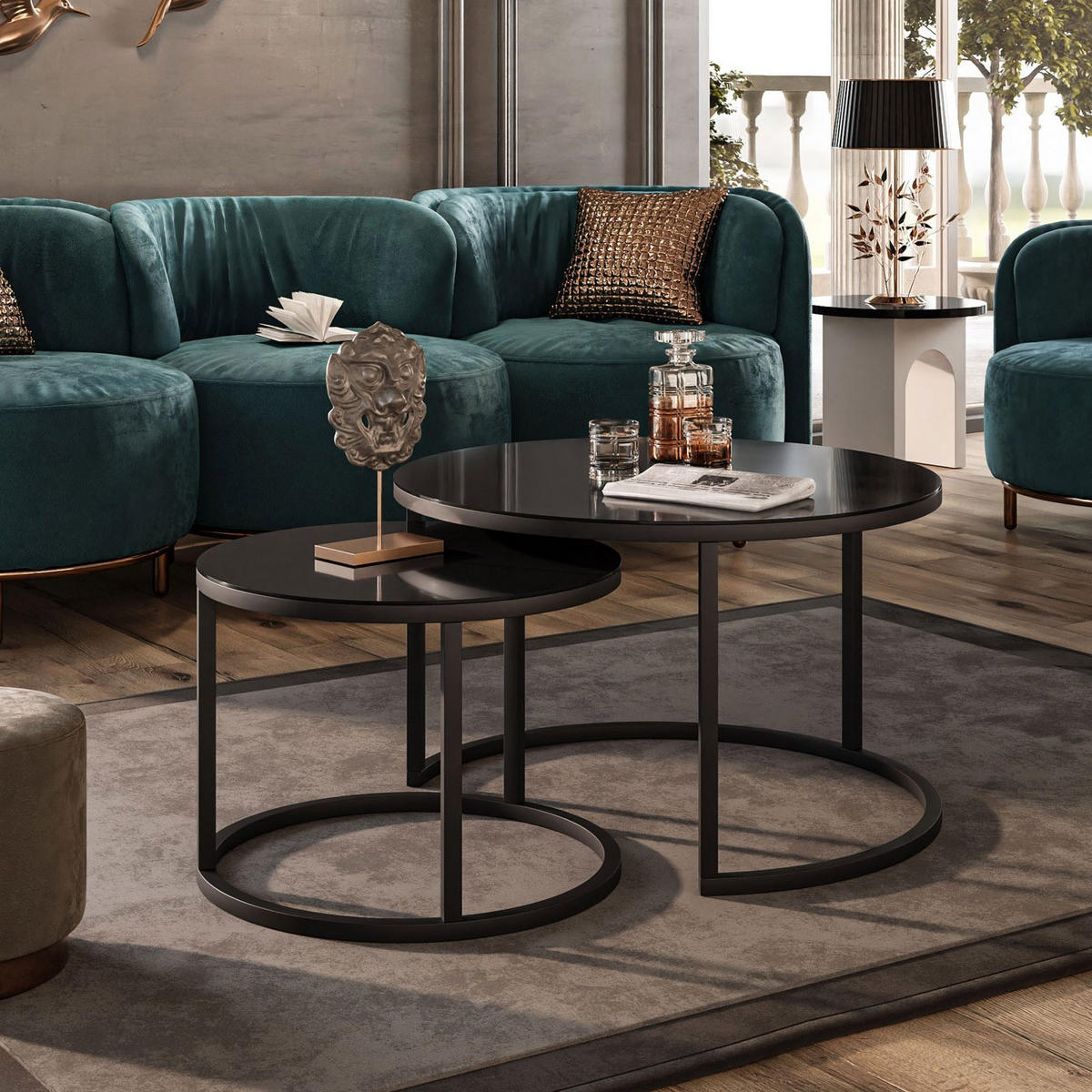 COUCHTISCH 2-in-1 CIRI GLASS mit schwarzer und weißer Struktur - Schwarz, Holzwerkstoff (70/70/47cm) - Lookway