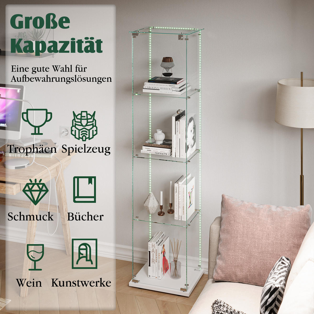 VITRINE Glas LED, Einzeltür, 4 Regale, mit Schloss - Weiß, Holz (35/163/39.8cm)