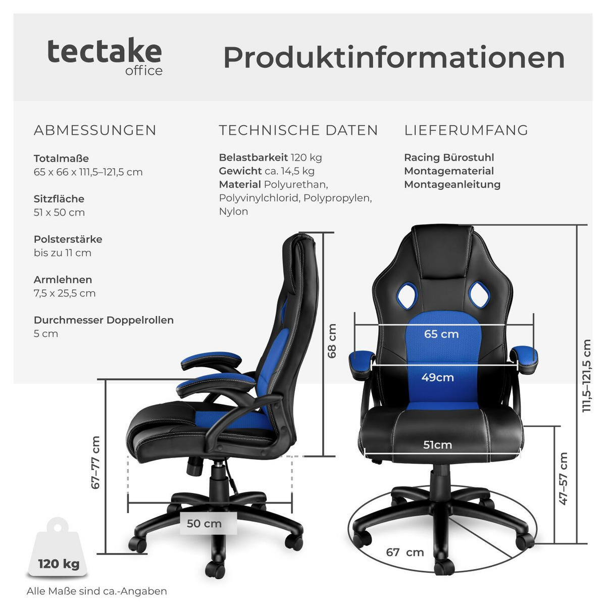 BÜROSTUHL Tyson,Belastbarkeit 120 kg,schwarz/blau - Blau/Schwarz, Textil (65/121.5/66cm) - tectake