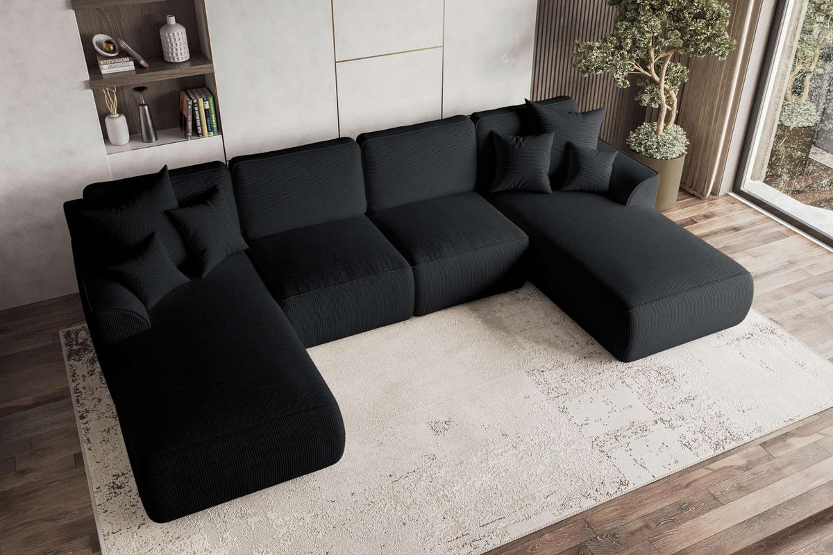 WOHNLANDSCHAFT GUSTO Cordstoff Schwarz inkl. Schlaffunktion - Chromfarben/Schwarz, Kunststoff/Textil (306/96/194cm) - 99rooms