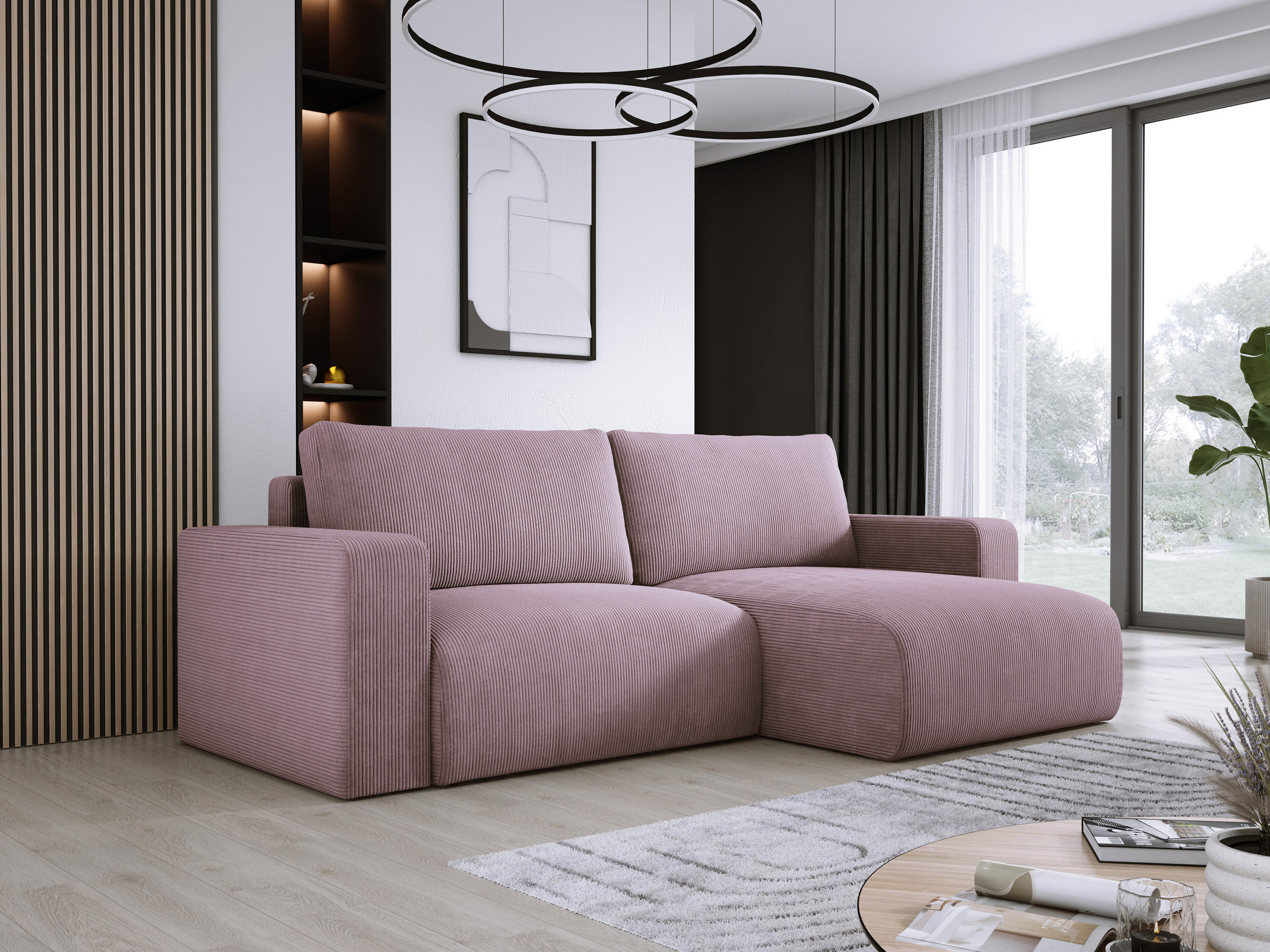 ECKSOFA Carl L-förmig Schlaffunktion und Bettkasten weicher Cordstoff flexibel stellbar lose Rückenkissen freistehend RECHTS 247x143x83cm Light rose - Hellrosa, Holz/Textil (247/143cm) - DomoHome