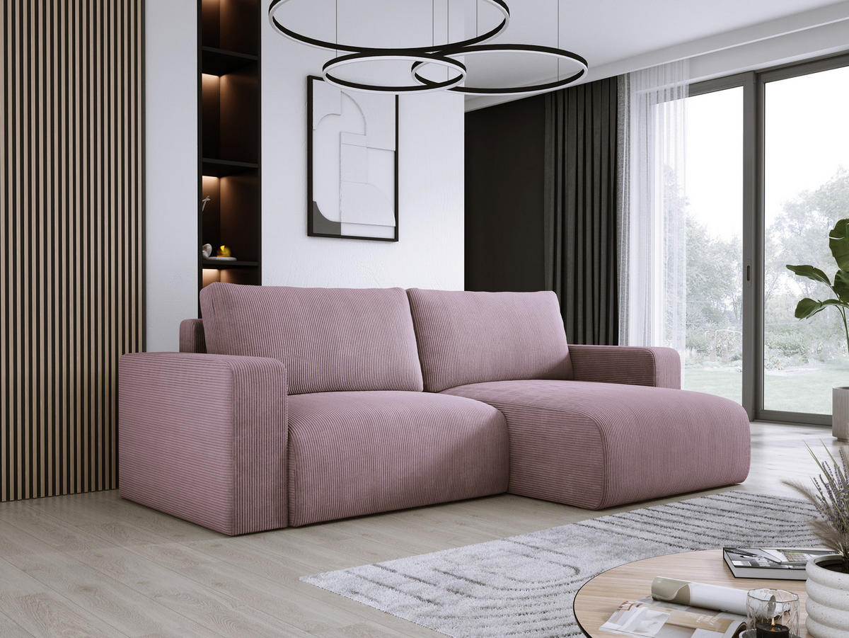 ECKSOFA Carl L-förmig Schlaffunktion und Bettkasten weicher Cordstoff flexibel stellbar lose Rückenkissen freistehend RECHTS 247x143x83cm Light rose - Hellrosa, Holz/Textil (247/143cm) - DomoHome