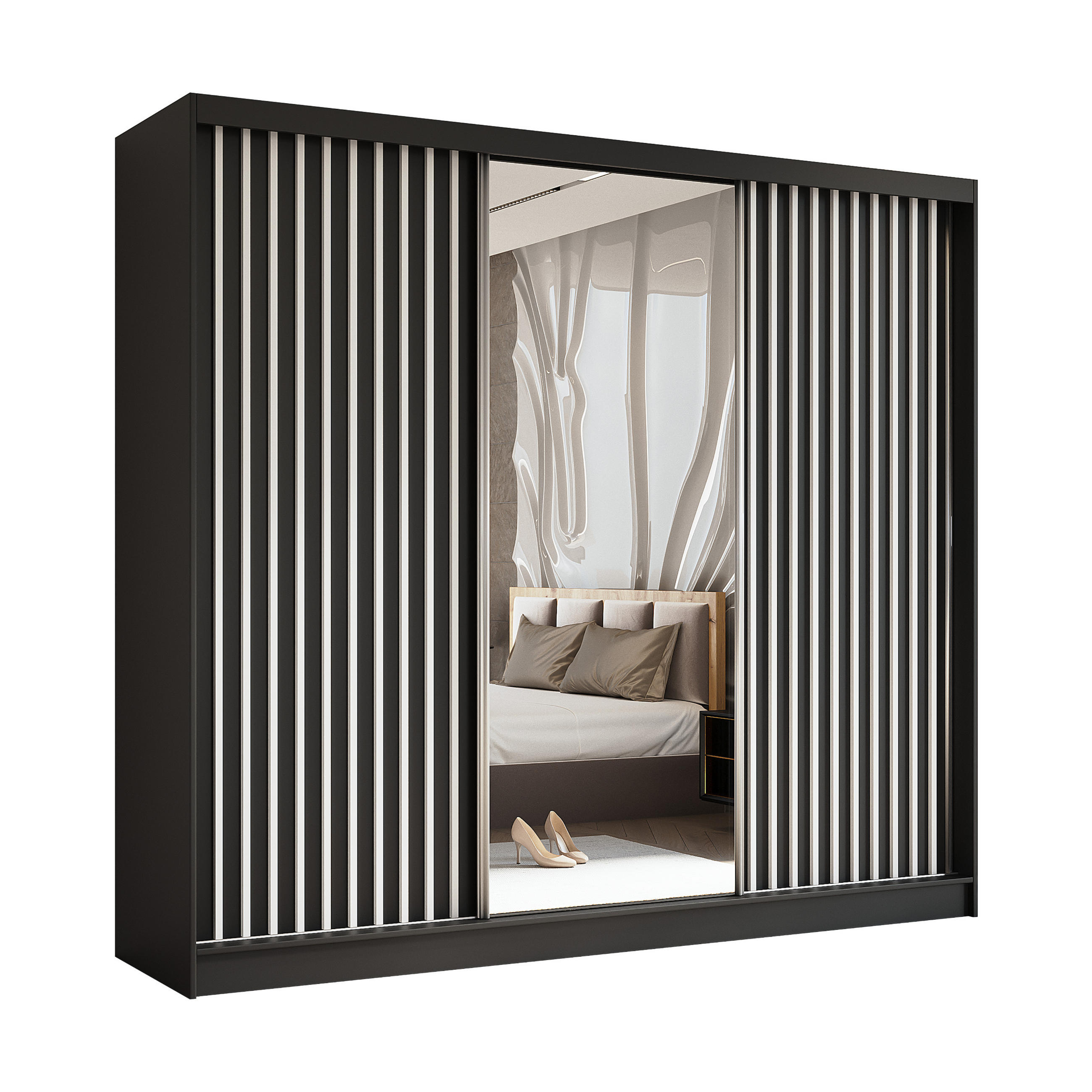 SCHWEBETÜRENSCHRANK Erika 240 cm mit Lamellen und Spiegel 3-türig, schwarz, schwarz, Lamelle weiß - Schwarz/Weiß, Kunststoff (240/216/61cm) - Margaret Hadas24