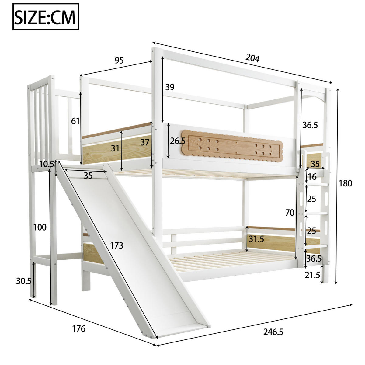 ETAGENBETT aus Kiefer 90x200 cm in Weiß mit Rutsche & Sicherheitsleiter - Weiß, Holz (90/200cm) - Modfu