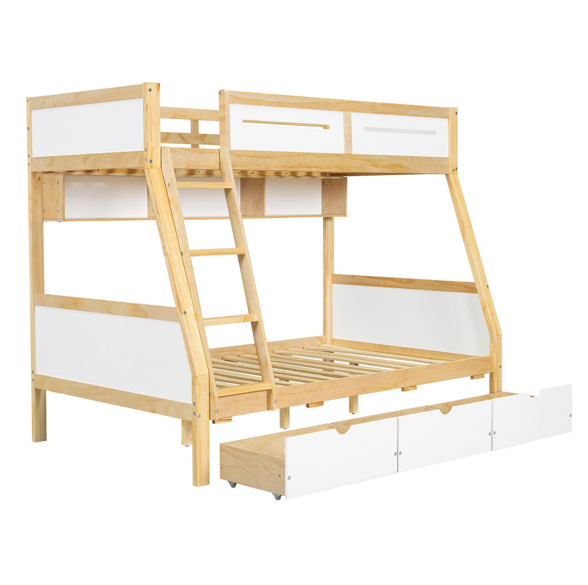 ETAGENBETT 90/200 cm und 120/200 cm mit 3 Schubladen, Bilderbuchregal und Trittleiter aus Kiefer/MDF, Weiß/Natur - Weiß, Holz (90/200cm) - Redom