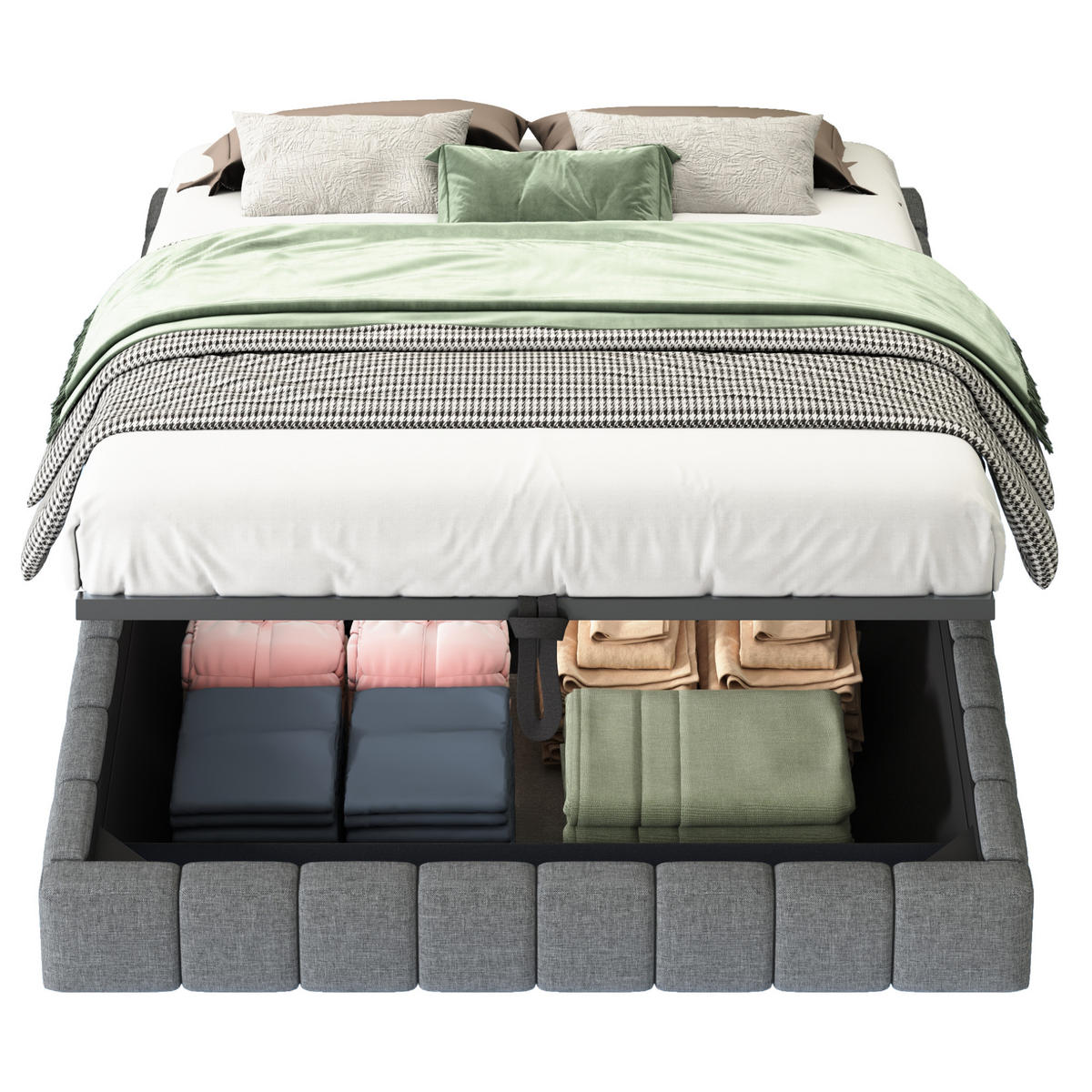 POLSTERBETT 140/200 cm Grau Hydraulischer Stauraum mit LED-Beleuchtung aus Leinen - Grau, Textil (140/200cm) - OKWISH