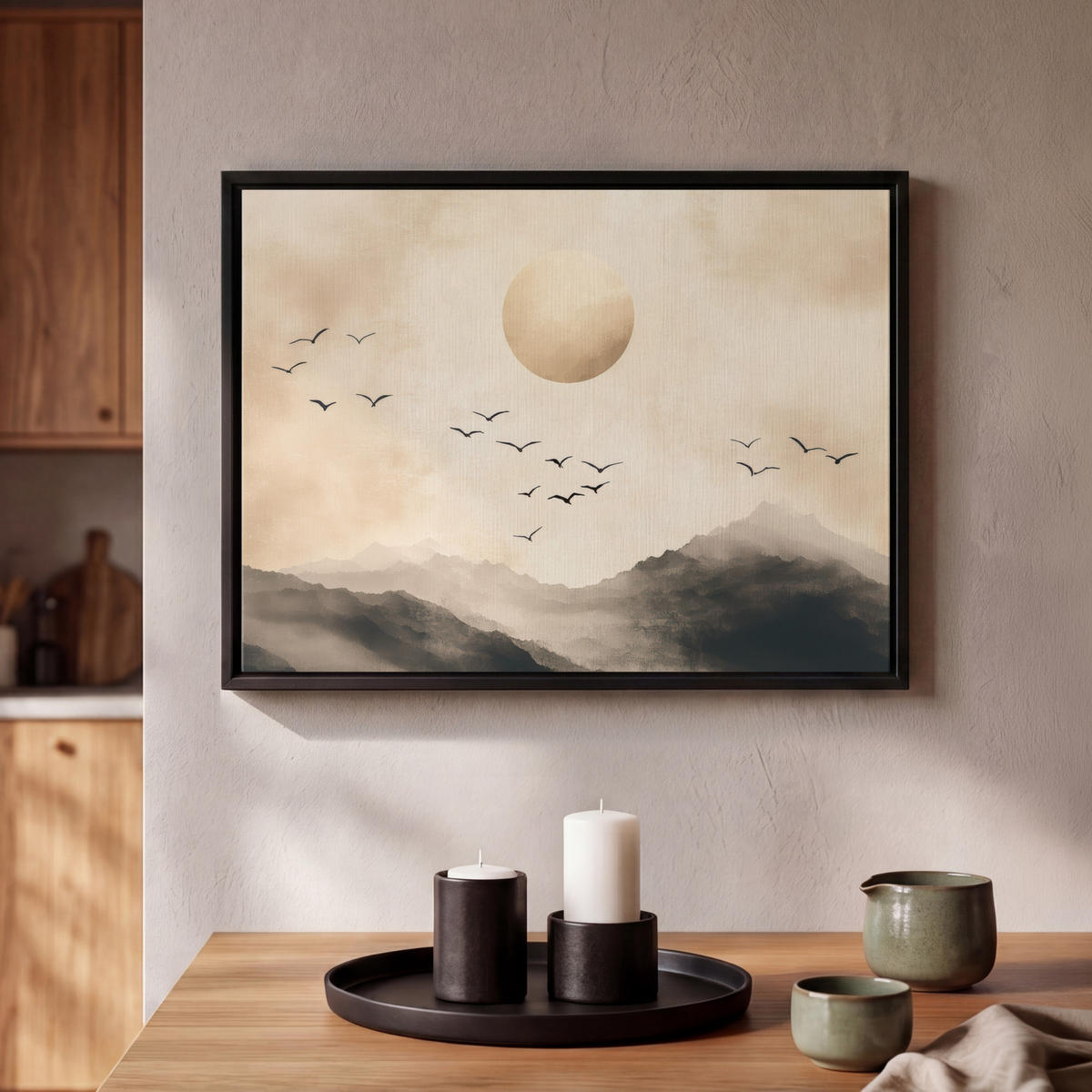 LEINWAND Bilder mit Rahmen - Landschaft - Japandi - Vogel - 40x30 - Beige, Textil (40/30cm) - MuchoWow