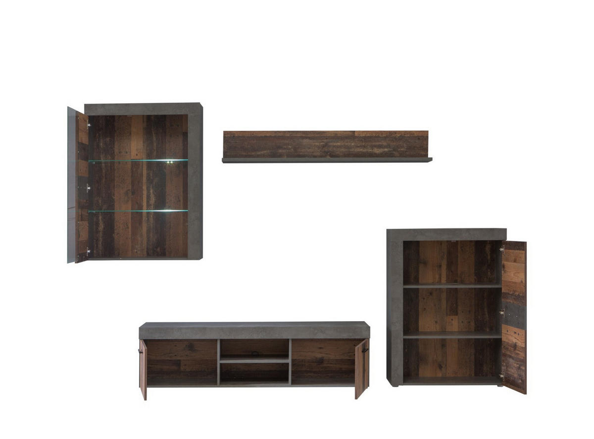 WOHNWAND Grigor 4-teilig in Betonoptik Dunkelgrau & Old Wood Vintage 290 x 192,3 x 41 cm mit LED-Licht - Grau, Glas/Holzwerkstoff (290/192/41cm)