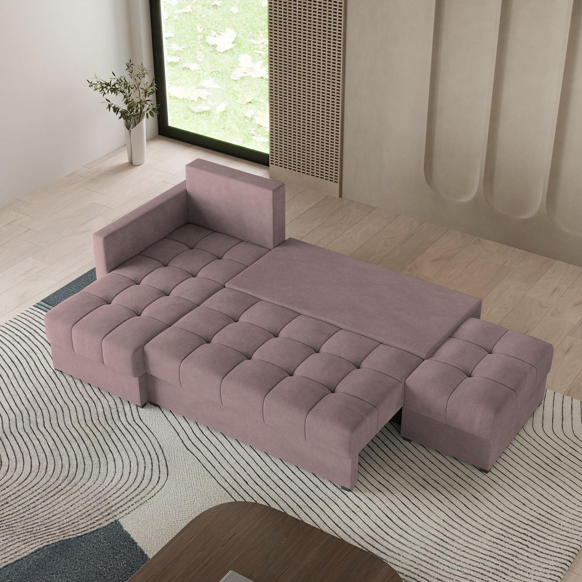 ECKSOFA LUMARI L-S Rosa Plüsch-Stoff mit Schlaffunktion - Rosa, Holz (262/143cm) - MASSENO