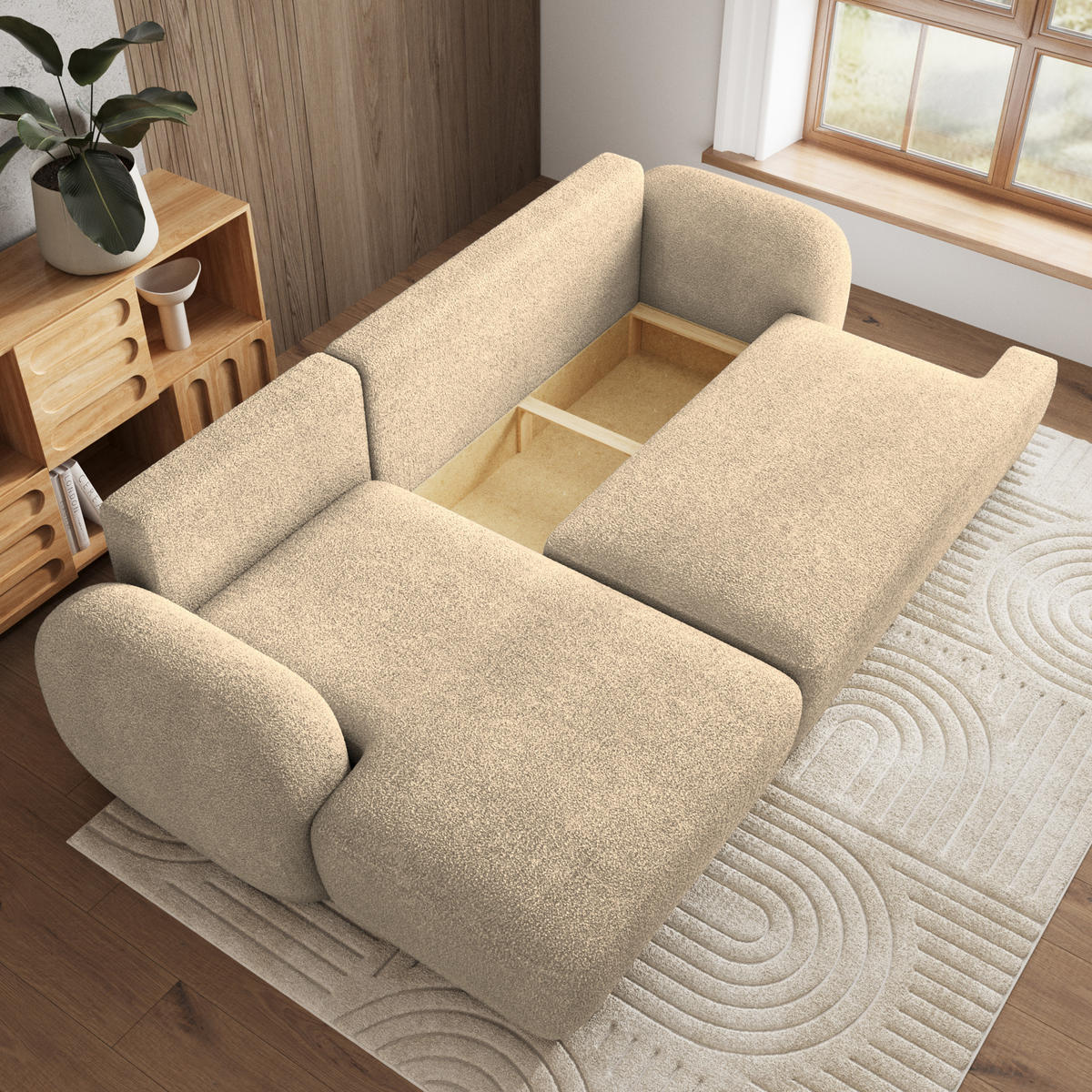 ECKSOFA MODENZA N L-S Creme Boucle-Stoff mit Schlaffunktion - Creme, Holz (266/148cm) - MASSENO