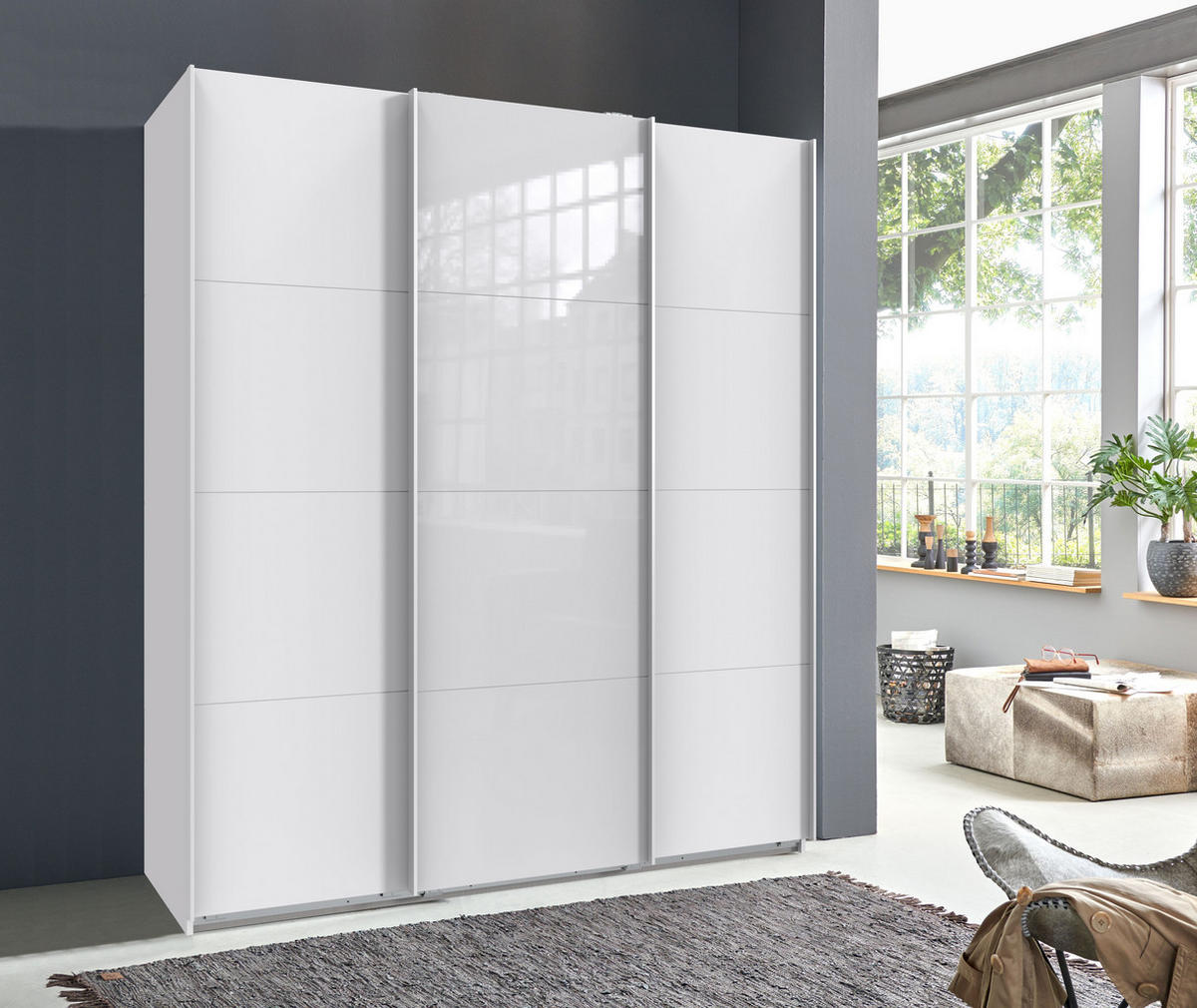 SCHWEBETÜRENSCHRANK 3-türig in Weiß, eine Tür mit Glasfront Weiß, B180/H208/T64 cm / 22514 - Weiß Hochglanz/Weiß, Holzwerkstoff/Metall (180/208/64cm) - luma-home