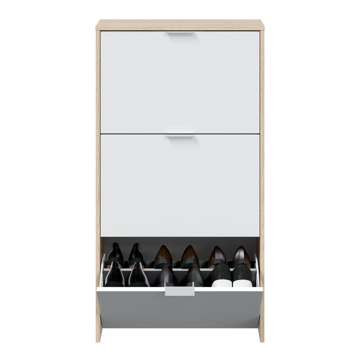 SCHUHSCHRANK 3 Klappen Zapateros - L60 cm - Eichefarben/Weiß, Holzwerkstoff (22/113/60cm) - Calicosy