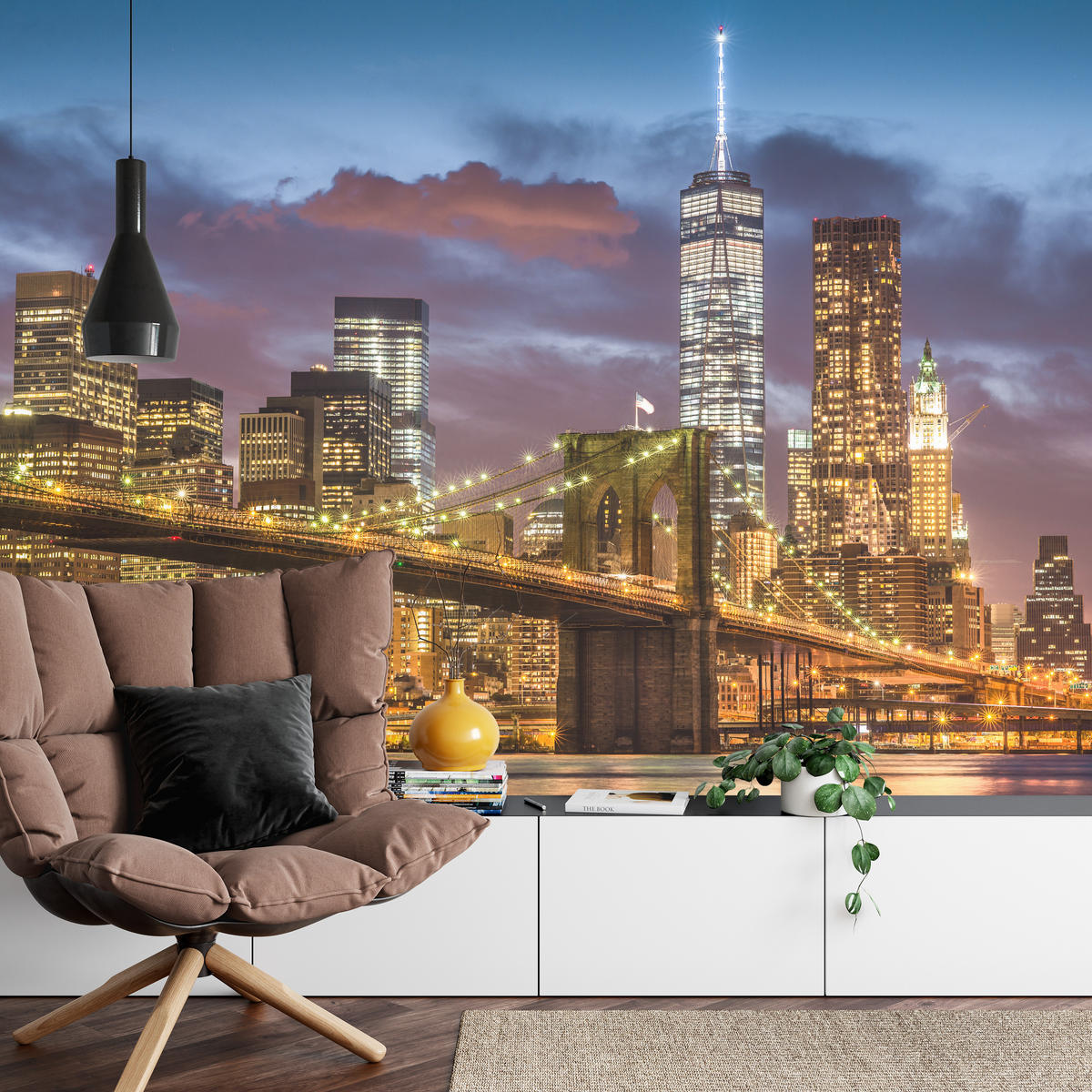 FOTOTAPETE für Wohnzimmer New York Nacht Brooklyn Bridge Wolkenkratzer 300x210 - Blau/Gelb, Papier (300/210cm) - Muralo