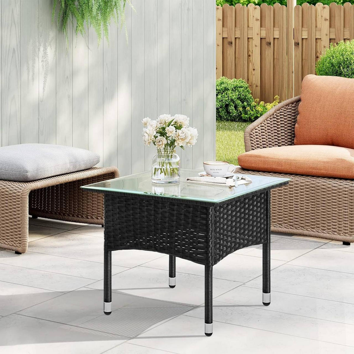 GARTENTISCH mit Glasplatte, klein, Schwarz - Schwarz, Glas/Kunststoff (50/50/45cm) - Woltu