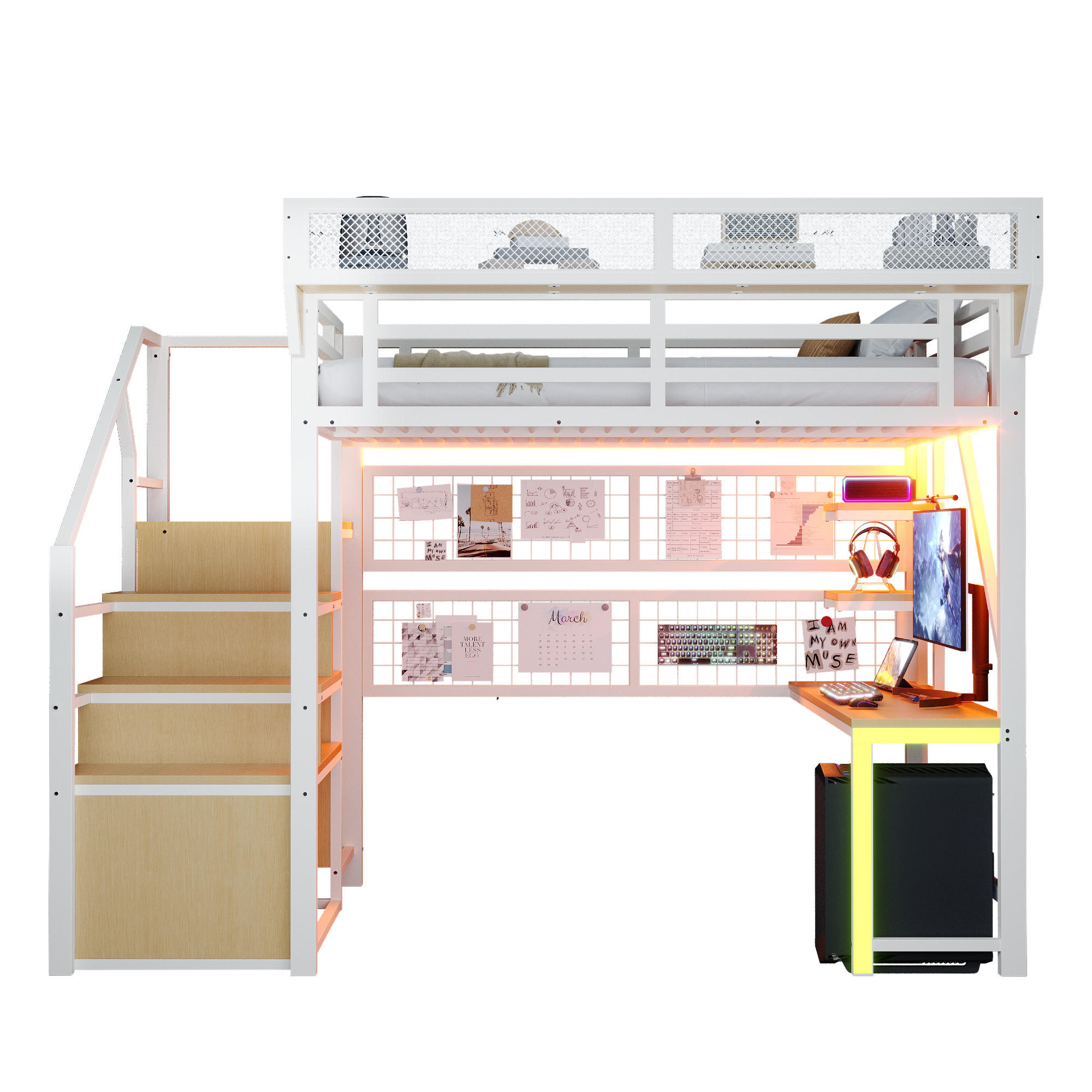 HOCHBETT 140x200cm Metall Schreibtisch LED Steckdose Weiß - Weiß, Metall (140/200cm) - FLIEKS