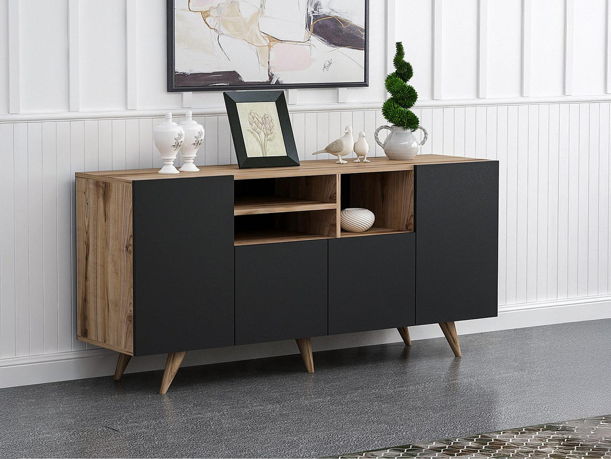 SIDEBOARD - 160 cm x 42 cm - Holz, Platte - Schwarz, Naturfarben Hell - MOSTIA - Schwarz/Naturfarben, Holz (160/75/42cm) - Vente-Unique