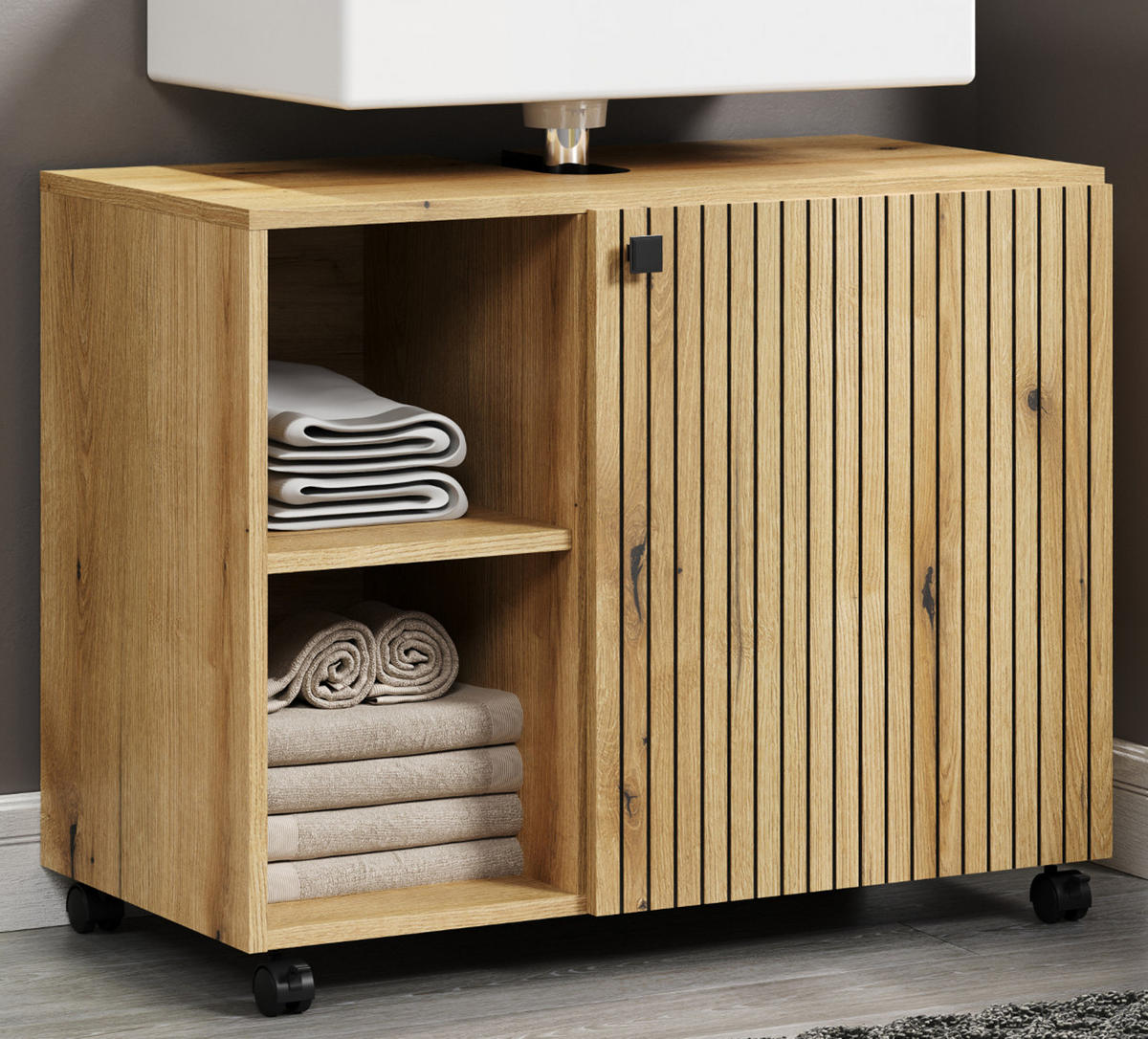 WASCHBECKENUNTERSCHRANK Evoke Eiche 80 cm, Badschrank auf Rollen - Eichefarben/Schwarz, Holzwerkstoff/Kunststoff (80/64/42cm) - Top.Furn