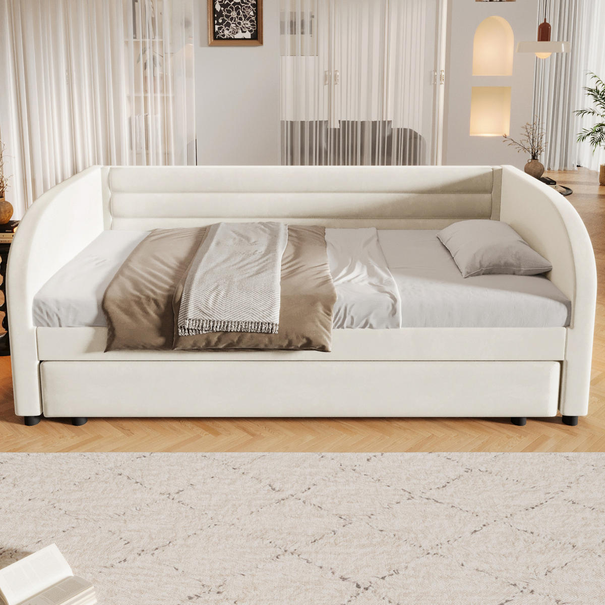 BETT 90/200 cm in Beige mit LED-Beleuchtung und Ausziehfunktion - Beige, Textil (90/200cm) - Flora Grace