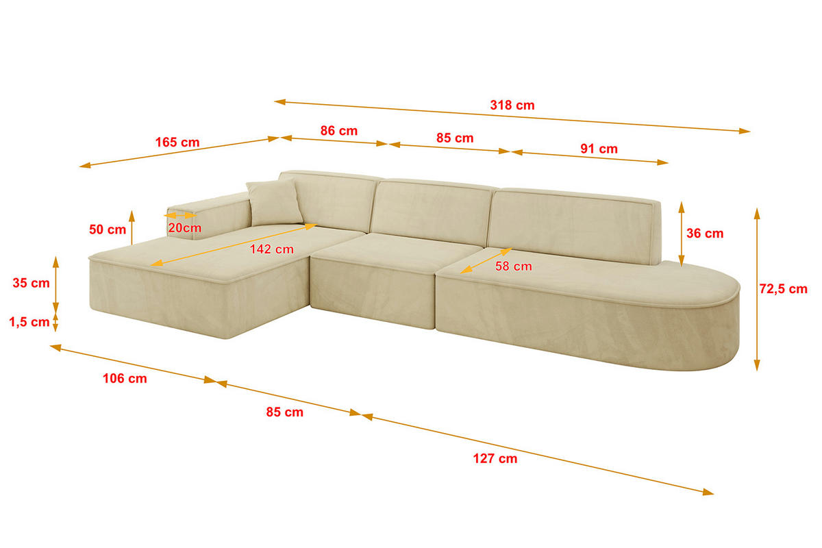 ECKSOFA Ottomane Links IREA-L2-v4 - 318x165x72,5 cm Beige - Beige, Holzwerkstoff/Textil (318/165cm) - ALTDECOR