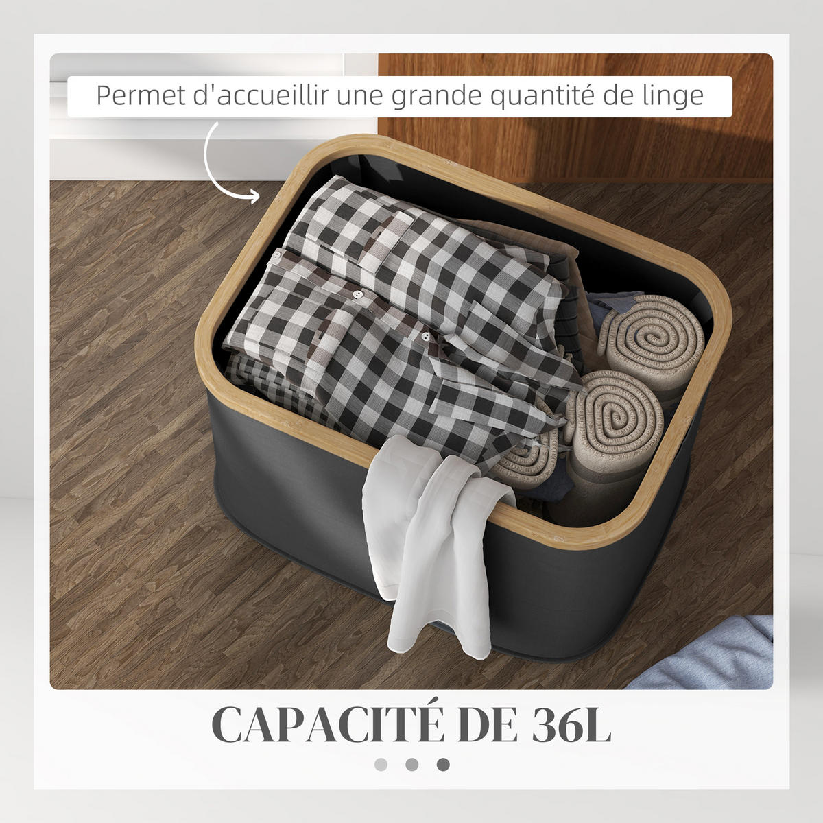 WÄSCHEKORB DE-18805 klappbar, 36L mit Bambusgriffen Schwarz - Schwarz, Textil (44.3/26.5/33.3cm) - ComfortXL