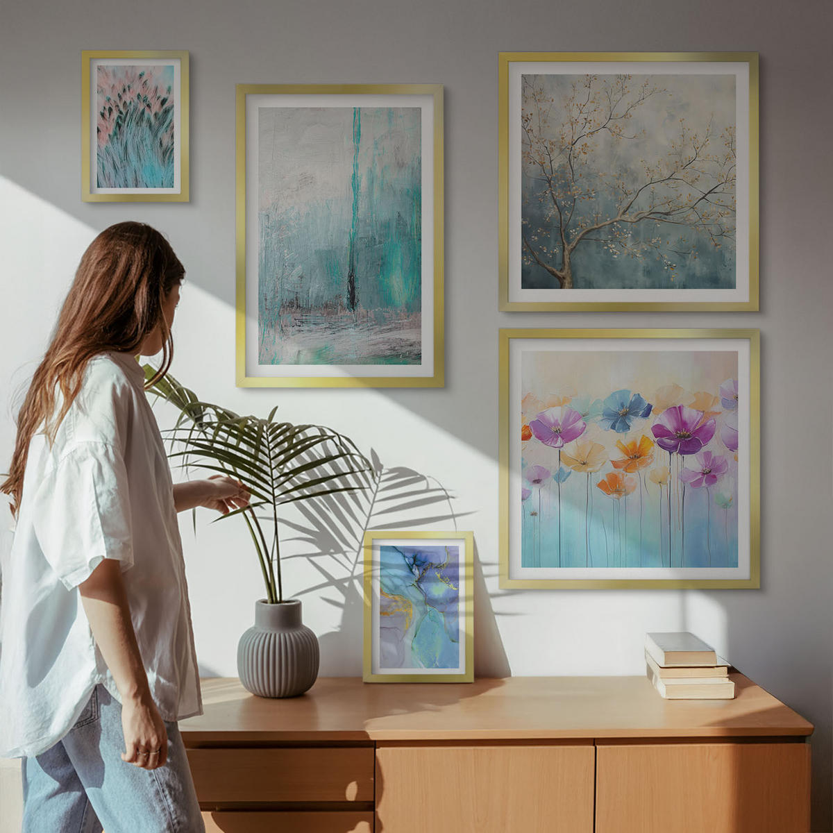 WANDBILDER 5er Set - 50x50 cm & 20x30 cm & 40x60 cm Goldrahmen - Leuchtturm, Landschaft, Mädchen, Pferd - Goldfarben, Kunststoff (40/60cm) - ArtPrintCave