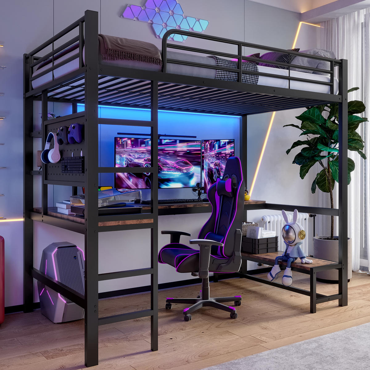 HOCHBETT 90x200cm Schwarz Metall Schreibtisch LED-Licht USB-C - Schwarz, Metall (90/200cm) - FLIEKS