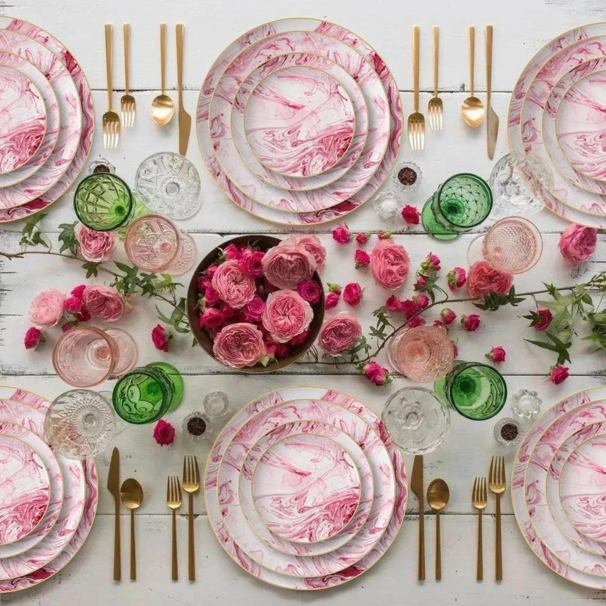 TELLERSET Rosa Marmor Bone China Rosa Gold 4tlg Ø30 Ø27 Ø20 Ø16 cm - Pink/Goldfarben, Keramik (30/2/2cm) - Quality Elegance