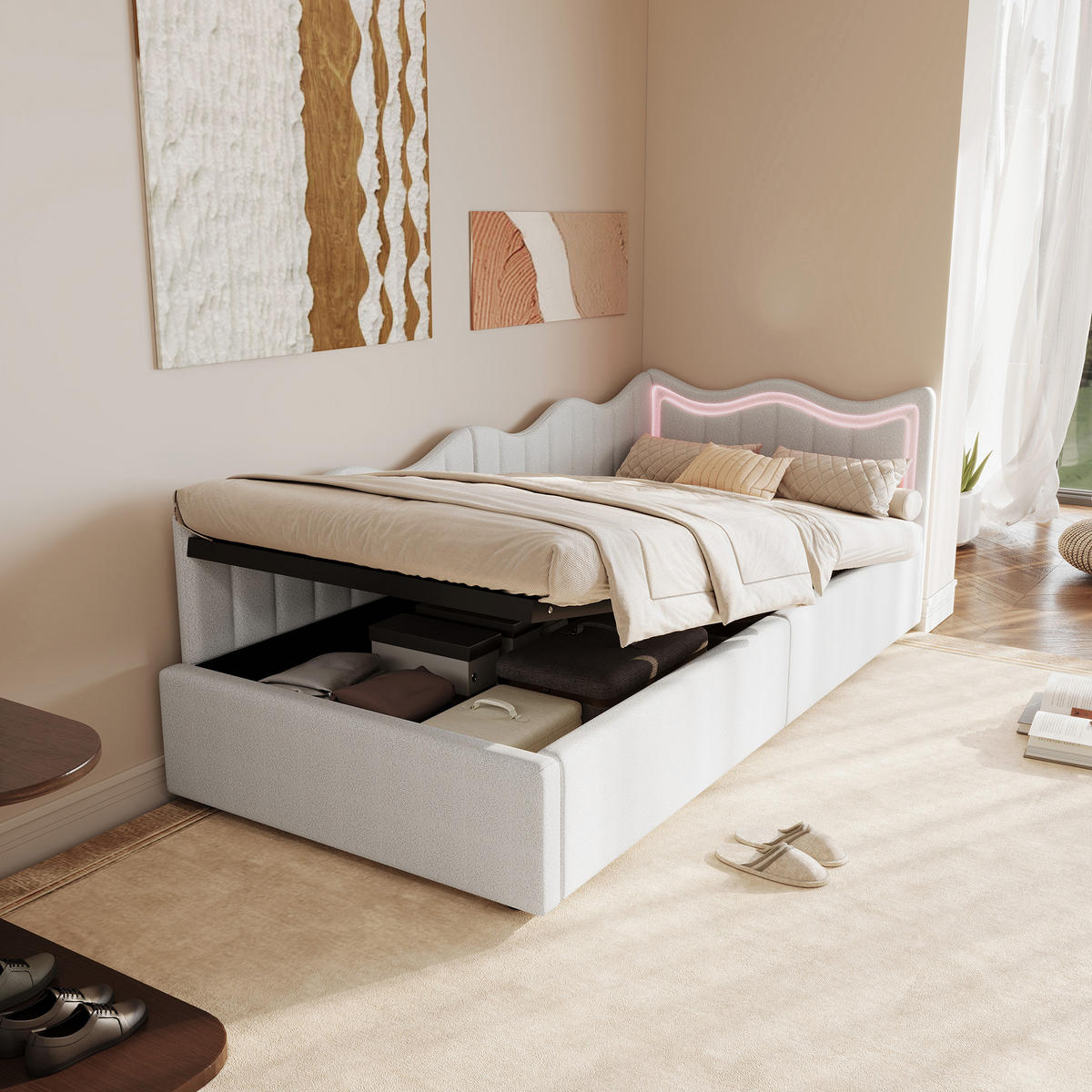 KINDERBETT 90×200 cm Bouclé-Stoff Weiß – Bett mit LED-Beleuchtung - Weiß, Holz