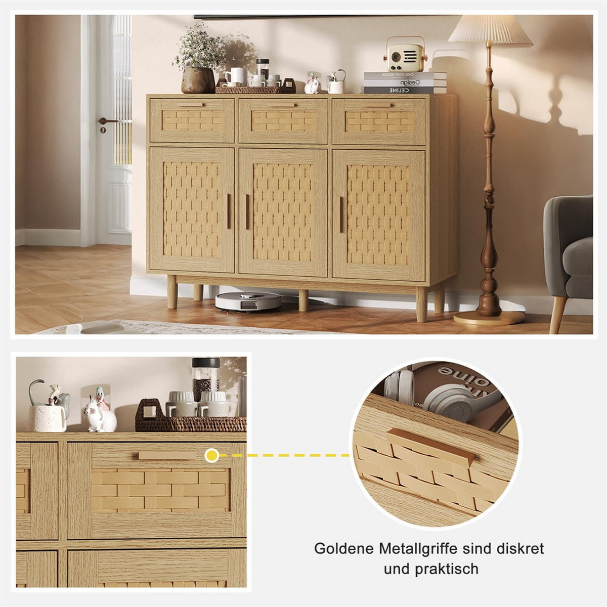 SIDEBOARD mit 3 Schubladen und 3 Türen - natürliche Geflecht-Optik und feine Metallgriffe - Eiche-Optik - Eichefarben, Holzwerkstoff (107.9/80/40cm) - DELFA