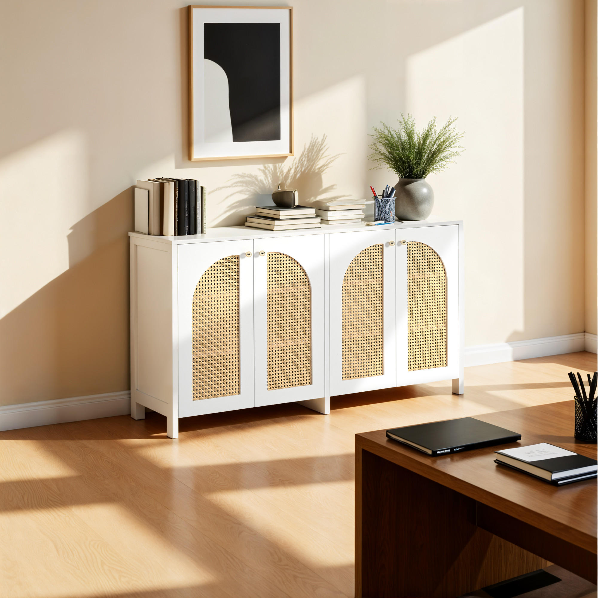 SIDEBOARD mit Kunst-Rattan-Türen Verstellbaren Regalen - Weiß, Holzwerkstoff (145/40/80cm) - Urban Meuble