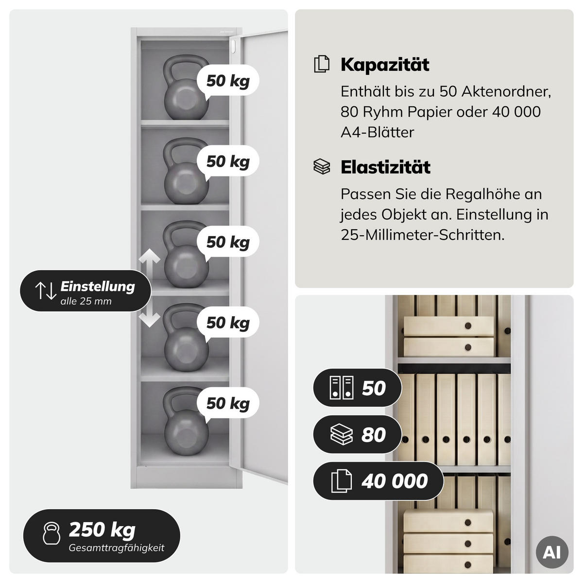 AKTENSCHRANK ALEX D600 - Grau, Metall (45/185/60cm) - Jan Nowak