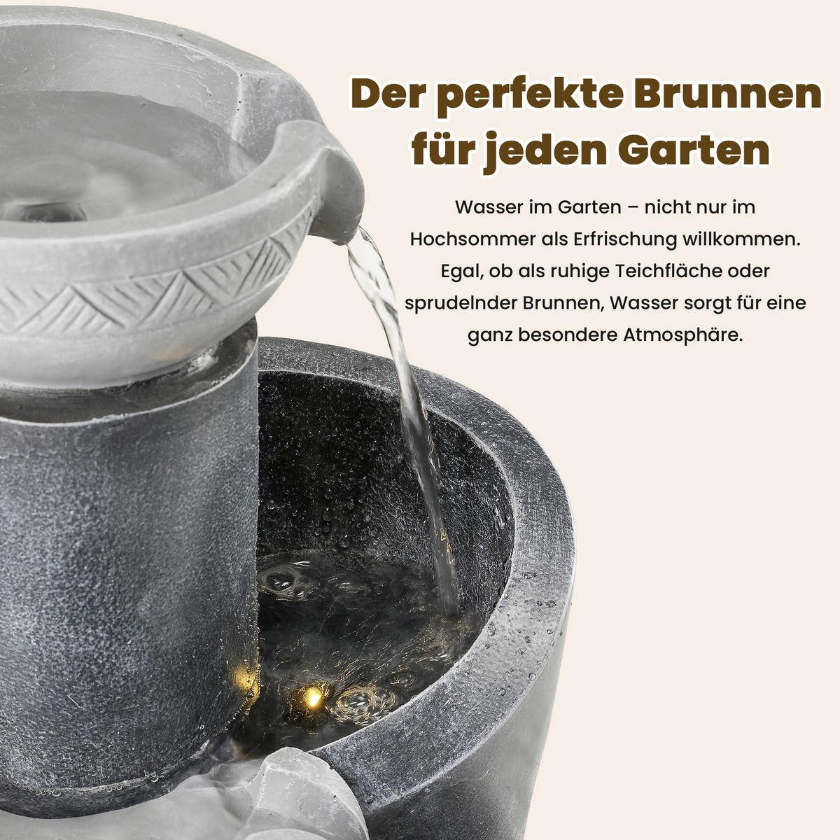 GARTENBRUNNEN, LED-Beleuchtung, Kunststein, Wasserspiel, Grau - Grau, Naturmaterialien (25/24/50cm) - FLIEKS