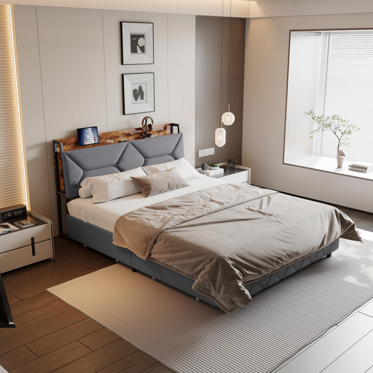 POLSTERBETT 140/200 cm mit beidseitigen Stauraumschubladen, separate Holz-Wandablagen mit USB-Anschluss, grauer Leinenoptik-Bezug - Grau, Holz/Metall (140/200cm) - Joyfair