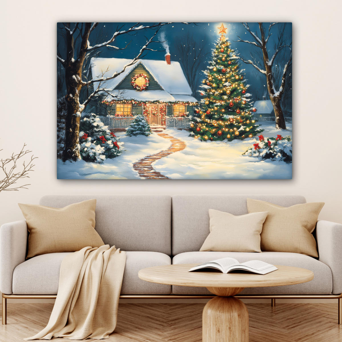 LEINWANDBILD Weihnachten - Weihnachtsbaum - Winter - Zuhause - Schnee Wohnzimmer Groß 120x80 cm - Smaragdgrün, Textil (120/80cm) - MuchoWow