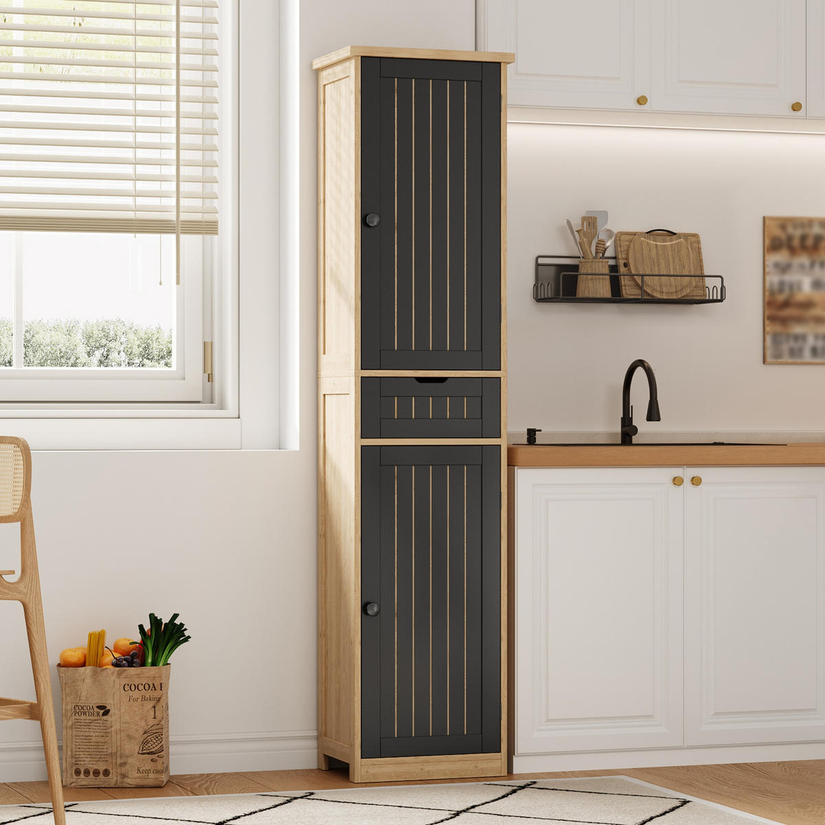 GESCHIRRSCHRANK 170 cm MDF Natur Schwarz mit Türen und verstellbaren Böden - Schwarz, Holzwerkstoff (30/170/40cm) - Korfee