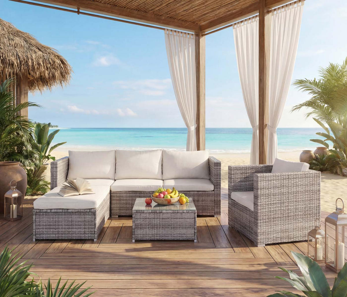 POLY-RATTAN-GARNITUR Grau, Cremeweiß - Weiß/Grau, Kunststoff - MCW