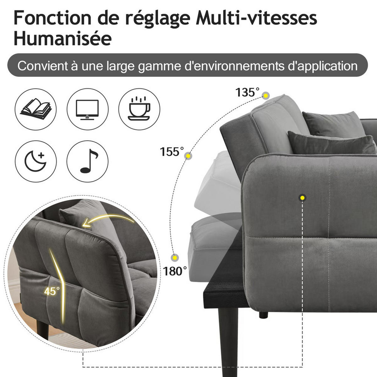 SOFA 2in1 Verstellbar Schlaffunktion Samtbezug Klappbare Armlehnen Kleinraum - Grau, Holz (92.08/19.05/80.01cm) - FLIEKS